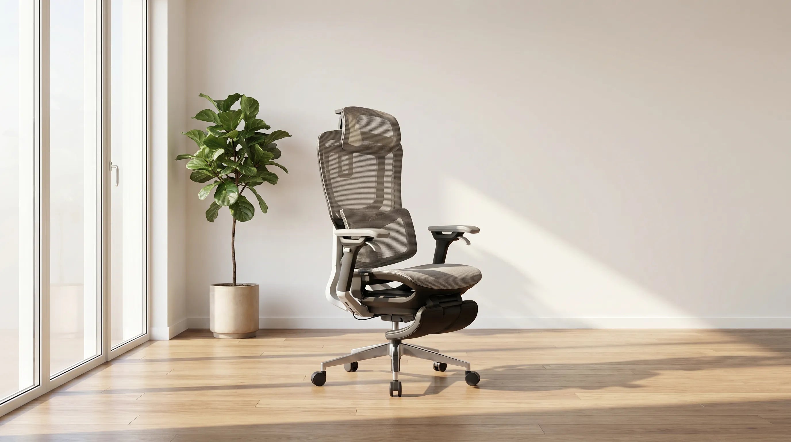 Schoute Ergonomic Chair sitting in light on light wood