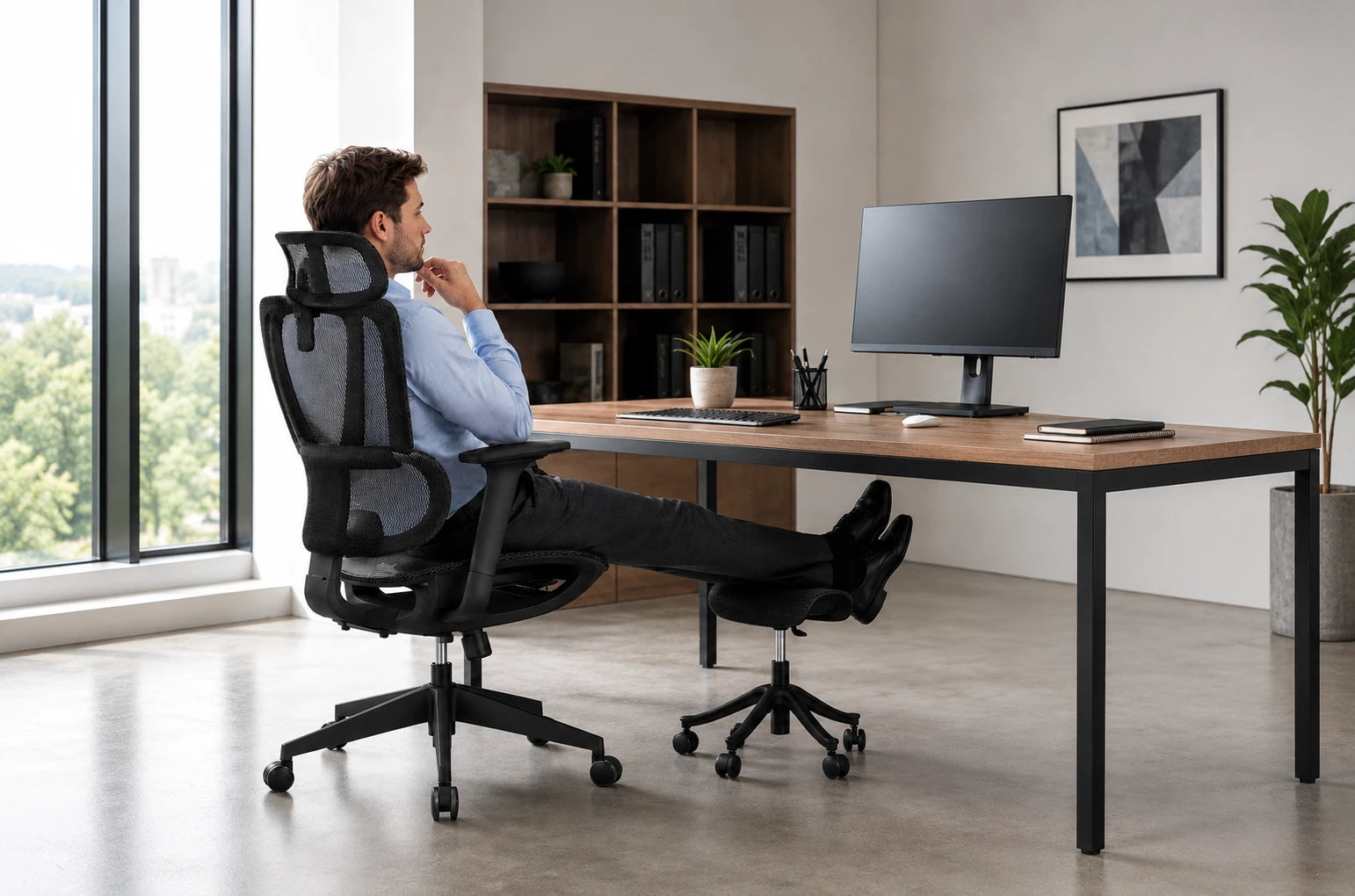 Fuse Pro footrest placed under a desk with feet resting on the mesh top