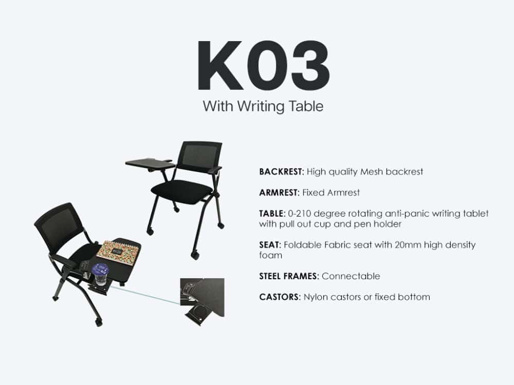 k03 stackable training chair with writing tablet