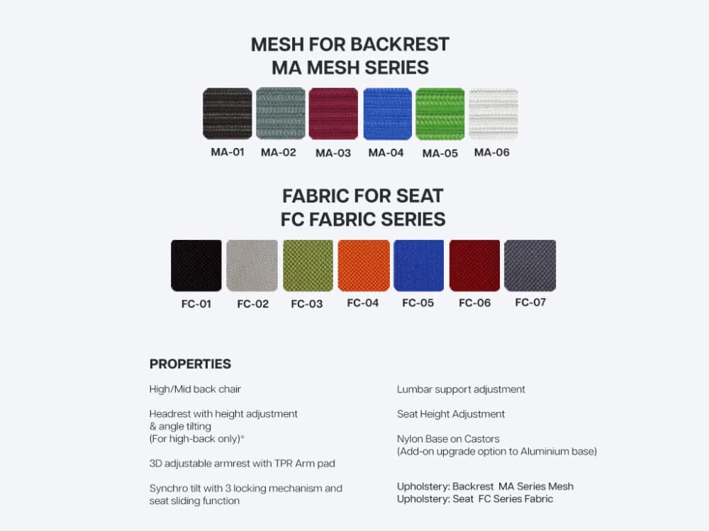 Ken Plus Ergonomic Office Chair colour options and properties