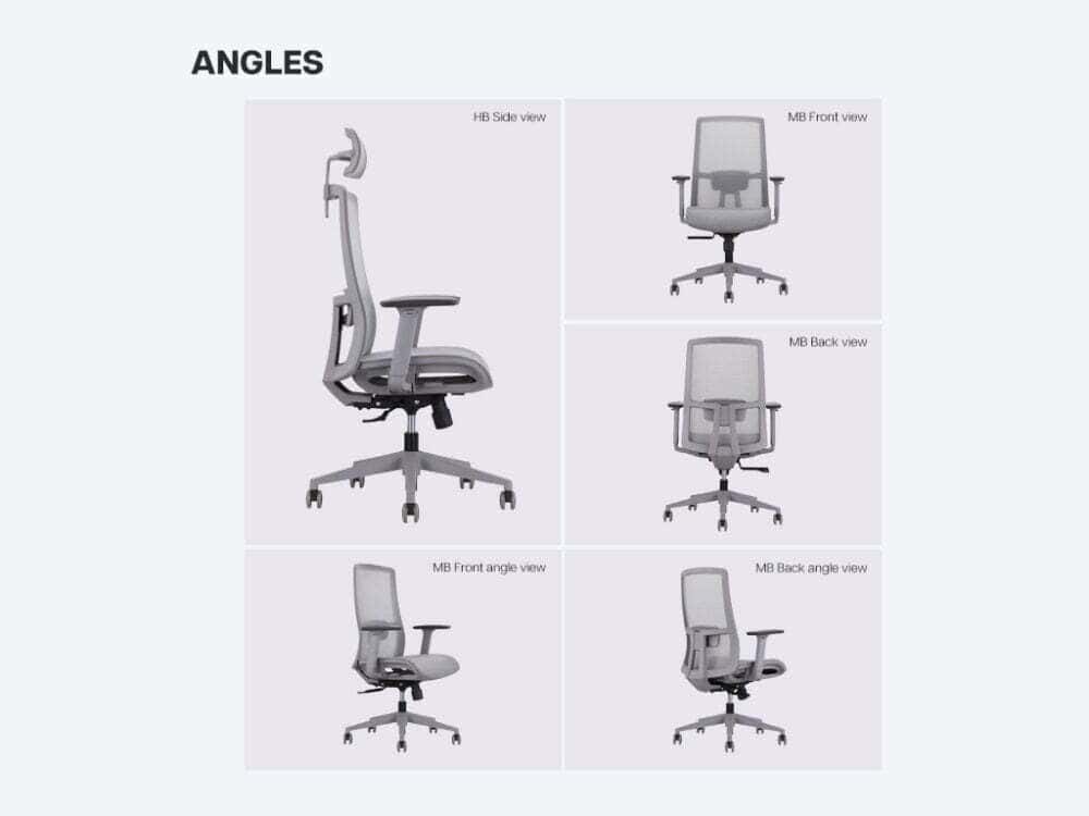 full mesh pilot grey frame ergonomic office chair - angles in highback and midback