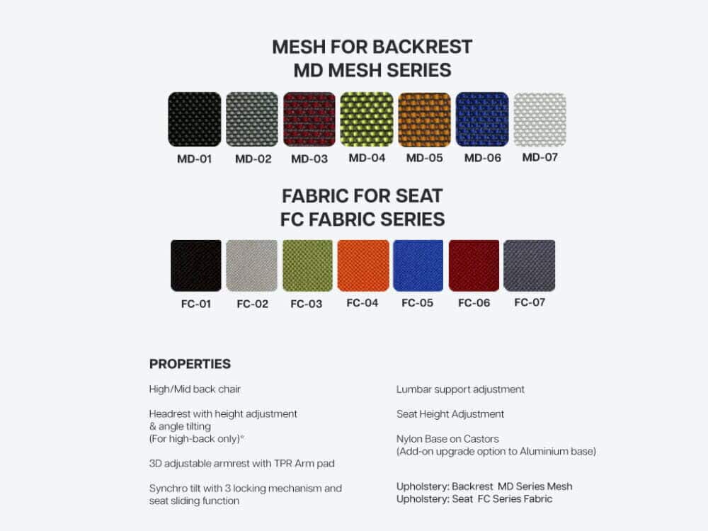 Trendy+ Black ergonomic office chair - colour options and properties