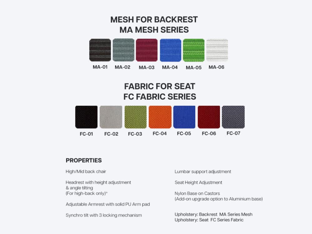 MK ergonomic office chair colour options and properties
