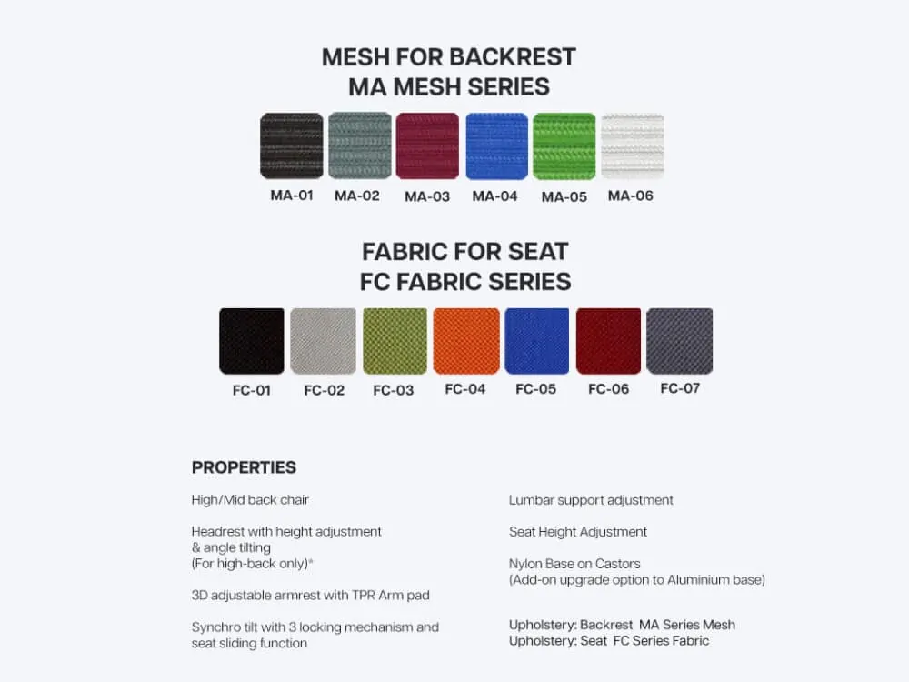 Ken Plus Ergonomic Office Chair colour options and properties