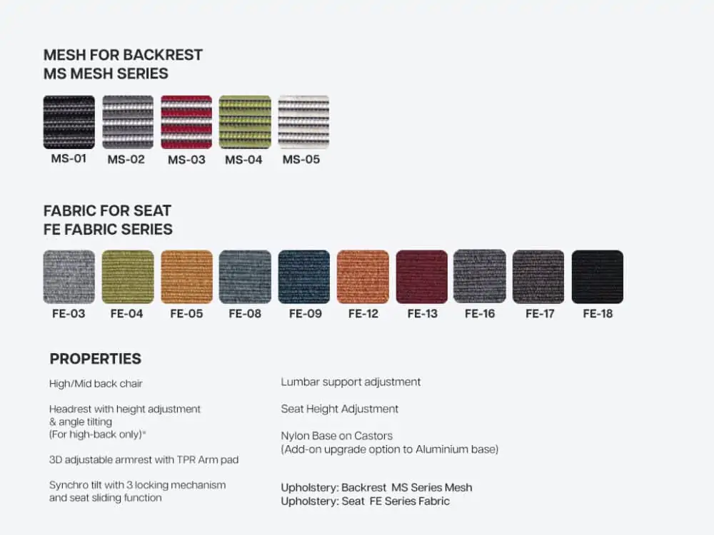 Ken + Grey frame ergonomic office chair colour options and properties