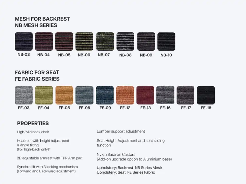 UE GREY Ergonomic office chair color options and properties